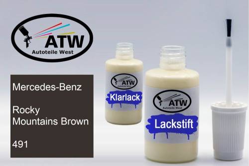 Mercedes-Benz, Rocky Mountains Brown, 491: 20ml Lackstift + 20ml Klarlack - Set, von ATW Autoteile West.